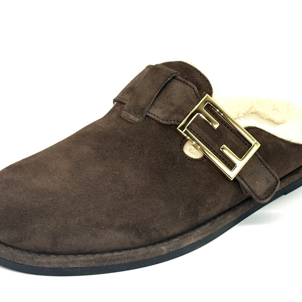 FENDI Feel FF Shearling  Buckled Sabots Mules Slides Flat Clog Sandals - Picture 5 of 16